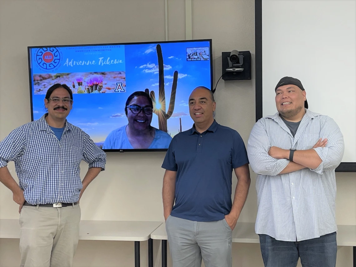 (L-R) Rolando Coto, Adrienne Tsikewa (on screen), Ray Huaute, Mosiah Bluecloud.